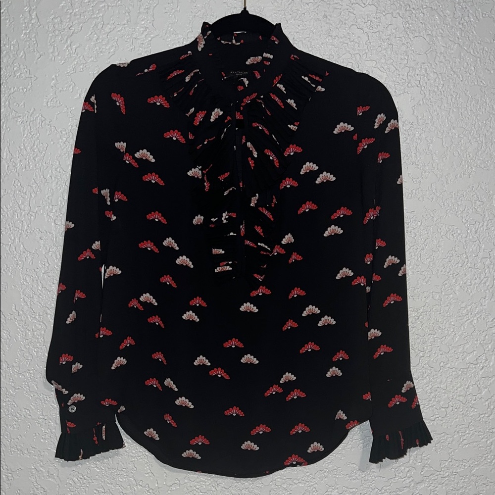 Ann Taylor Black Blouse with Red Floral Pattern